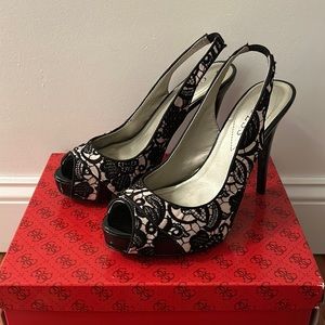 Guess Geliana lace peep toe heels
